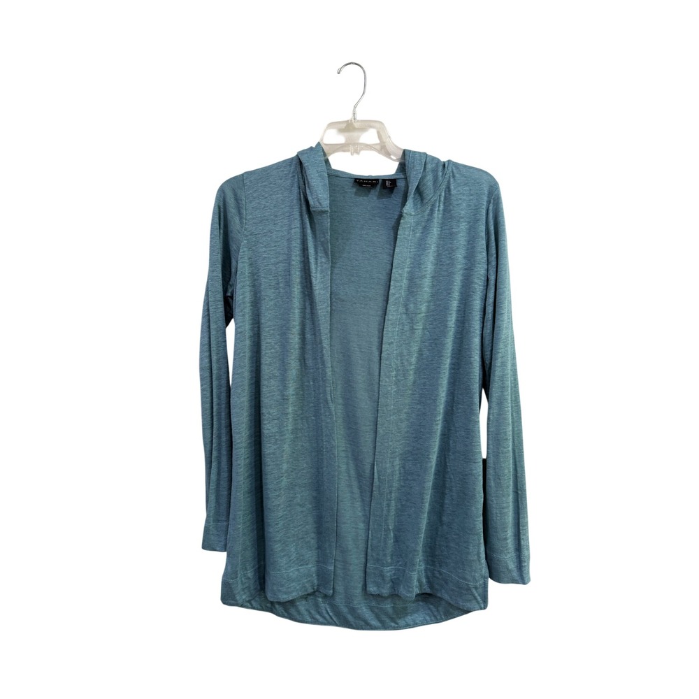 Tahari Women Blue 100% Linen Open Front Hooded Cardigan Sweater Small